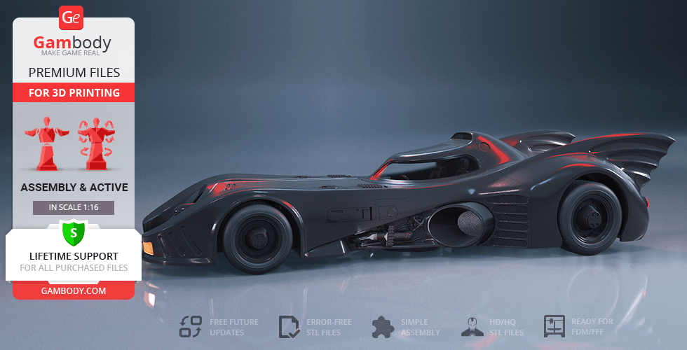 3D model of the 1989 Batmobile for printing, featuring sleek black design and detailed aerodynamic features.