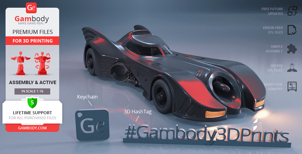 A sleek 3D model of the 1989 Batmobile designed for printing, showcased by Gambody.