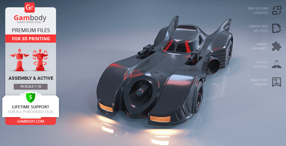 A sleek, black 3D model of the 1989 Batmobile, designed for 3D printing, showcased on a reflective surface.