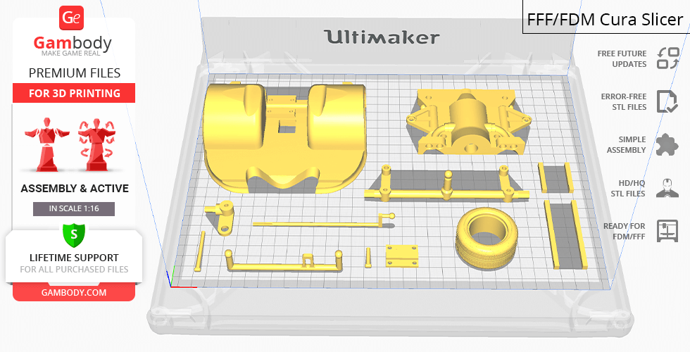 Layout of Batmobile 1989 parts for 3D printing on an Ultimaker, featuring various components in yellow.