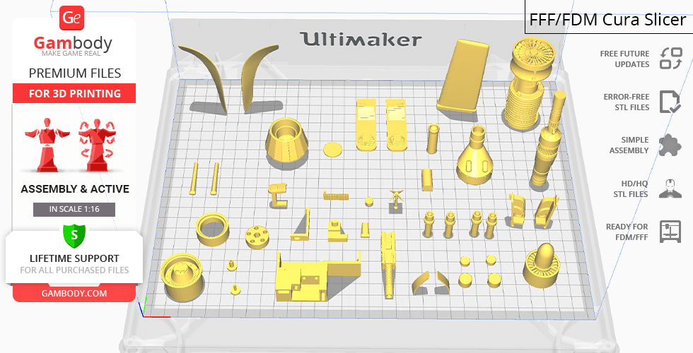 STL files for 1989 Batmobile parts arranged for 3D printing on a grid from Gambody.