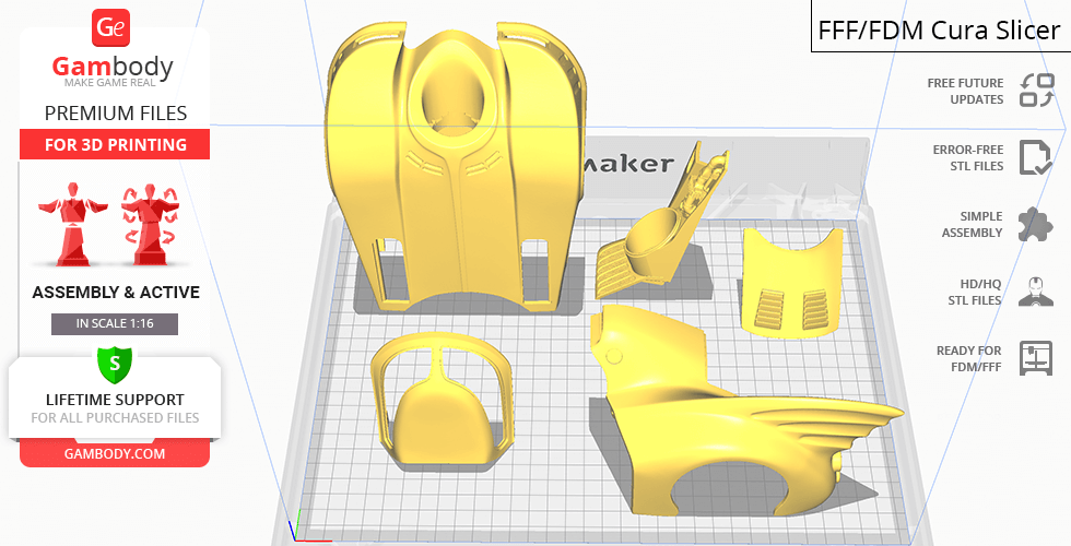 Yellow 3D printed parts of the 1989 Batmobile displayed on a grid platform from Gambody.