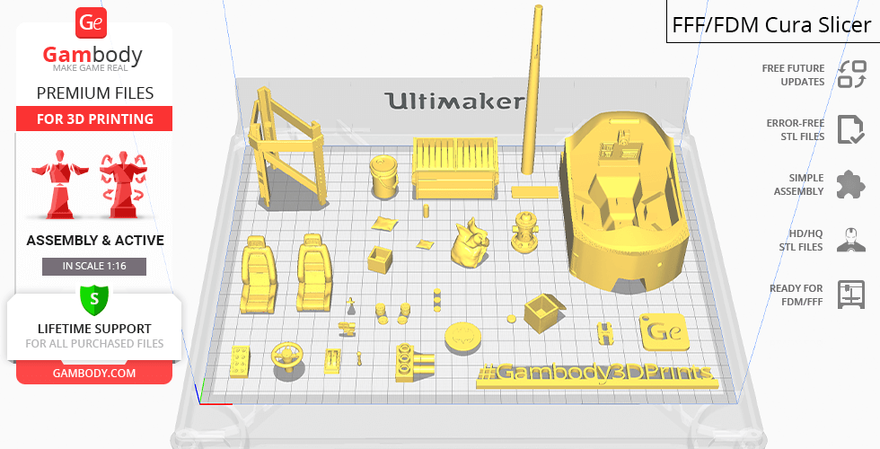 3D printing layout of Batmobile 1989 parts on a grid, ready for assembly with various components displayed.