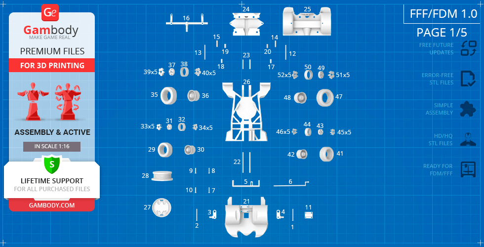 Blueprint of 1989 Batmobile 3D model parts, labeled for assembly and 3D printing.