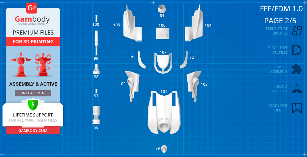 Parts layout for 1989 Batmobile 3D print assembly, showing numbered sections on a grid background.