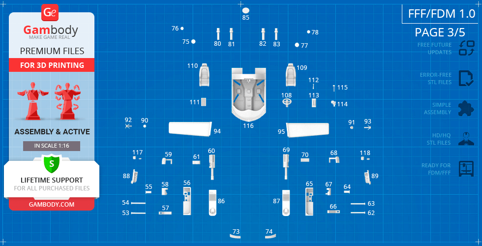 Blueprint layout of Batmobile 1989 3D printing parts with labels for assembly.