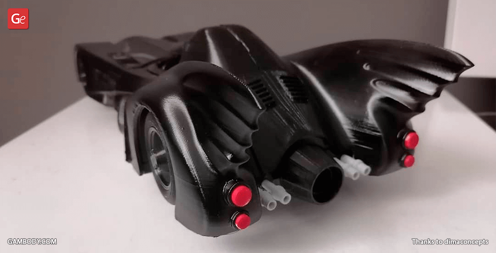 Model of the 1989 Batmobile, featuring sleek black design and iconic rear fins, on display for 3D printing.