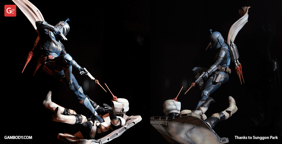 A dynamic 3D print diorama showing a warrior in armor battling an opponent on a hover platform.