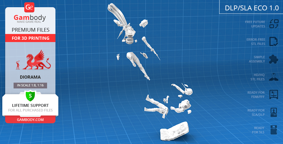 3D printable Bo-Katan diorama parts displayed on a bluegrid background, with assembly and print details.