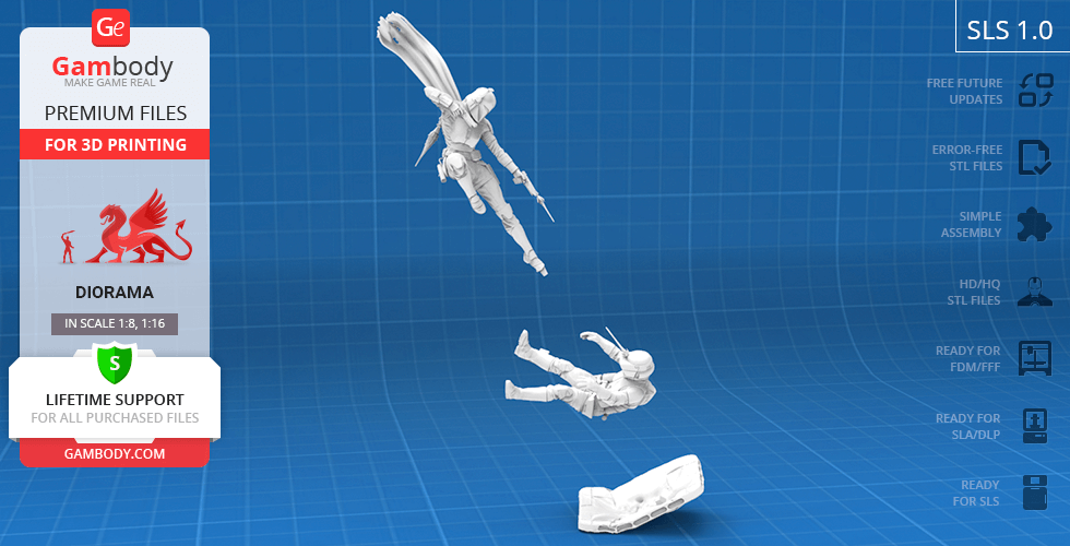 3D model of two figures in dynamic poses, ready for 3D printing, displayed on a blue grid background.