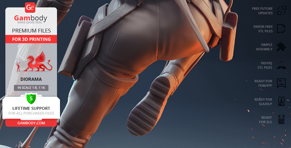 A detailed 3D model of a character's legs, ready for 3D printing, showing armor and accessories.