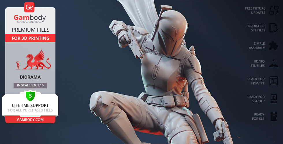 A detailed 3D model of a helmeted warrior in an action pose, ready for 3D printing from Gambody.