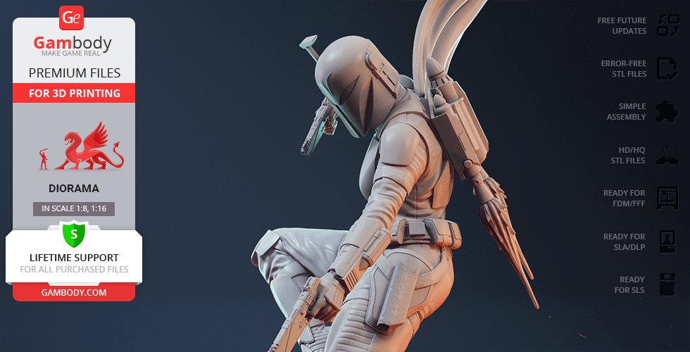 A detailed 3D model of a sci-fi armored character with a jetpack, designed for 3D printing.