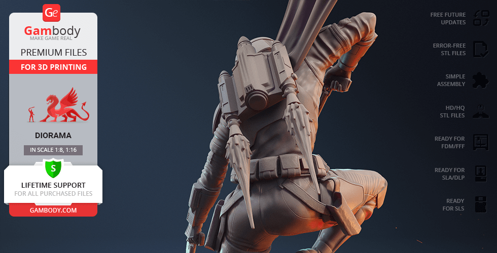 A 3D model of a sci-fi armored character, viewed from the back, with a jetpack, designed for 3D printing.