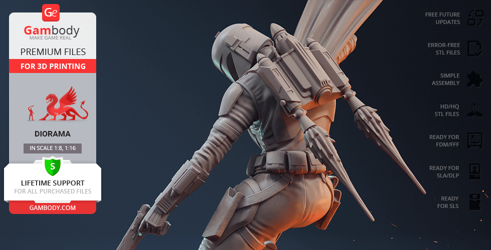 A detailed 3D model of an armored character with a jetpack, ready for 3D printing by Gambody.