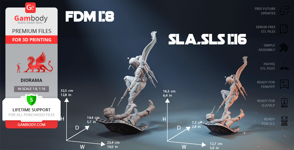 A dynamic 3D model of a combat scene with a character in armor, holding weapons, ready for 3D printing.