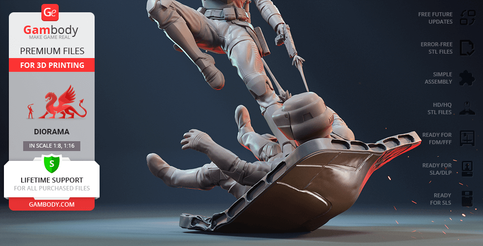 A dynamic 3D model of a character in action pose on a diorama base, suitable for 3D printing.