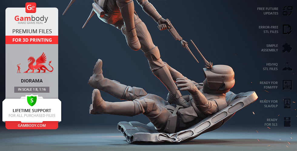 A 3D print model diorama featuring two armored figures in dynamic combat poses.