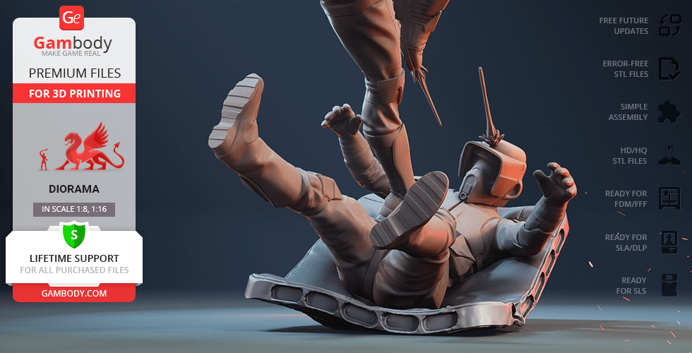 A dynamic diorama of an armored figure in action, ready for 3D printing from Gambody.