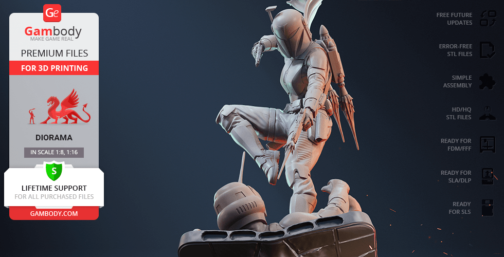 A 3D model of a warrior in armor striking a pose atop a detailed, futuristic base.