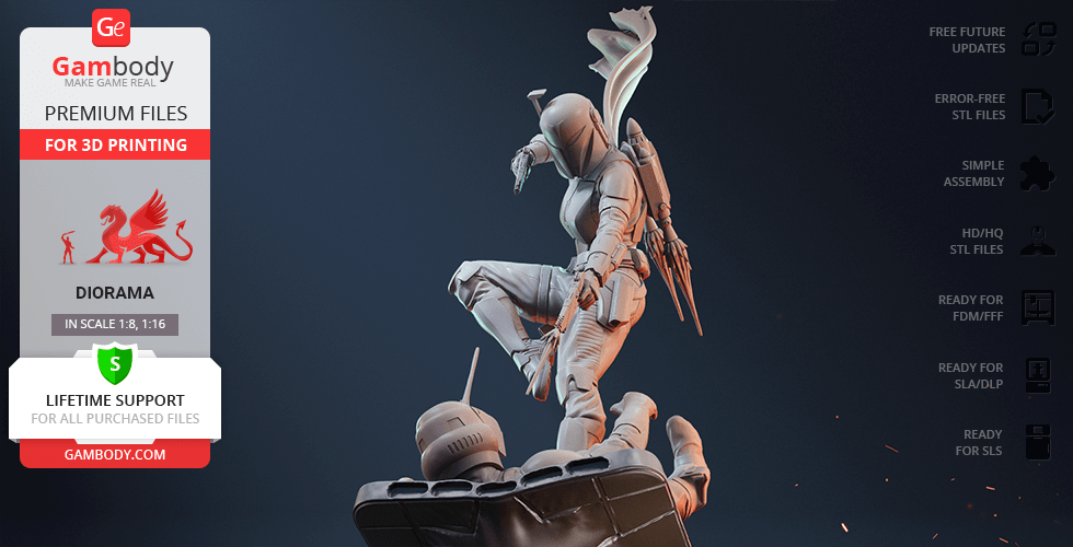 A detailed 3D model of a warrior figure in an action pose, ready for 3D printing from Gambody.