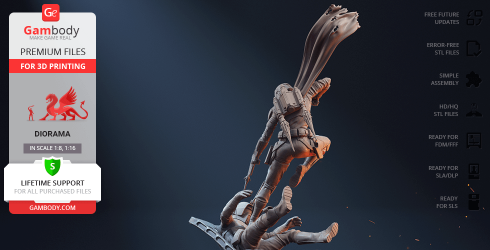 A detailed sci-fi warrior soaring above ground in dynamic action pose, ready for 3D printing.