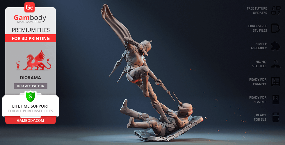 A detailed diorama of two armored figures in a dynamic battle pose, optimized for 3D printing.