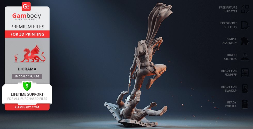 A dynamic 3D model diorama featuring a detailed armored figure with flowing cape, in an action pose.