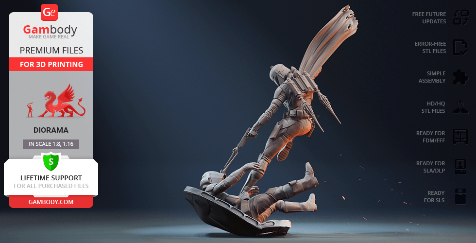 A dynamic 3D model of an armored character with flowing cape, leaping over a fallen figure on a small platform.