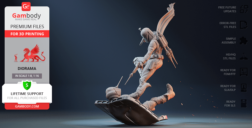 A dynamic 3D model of a character posed on a surfboard-like base, ready for 3D printing.