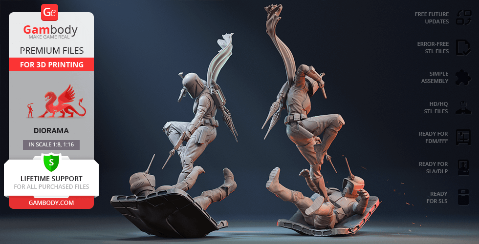 Dynamic diorama of armored figures in action poses, ready for 3D printing.