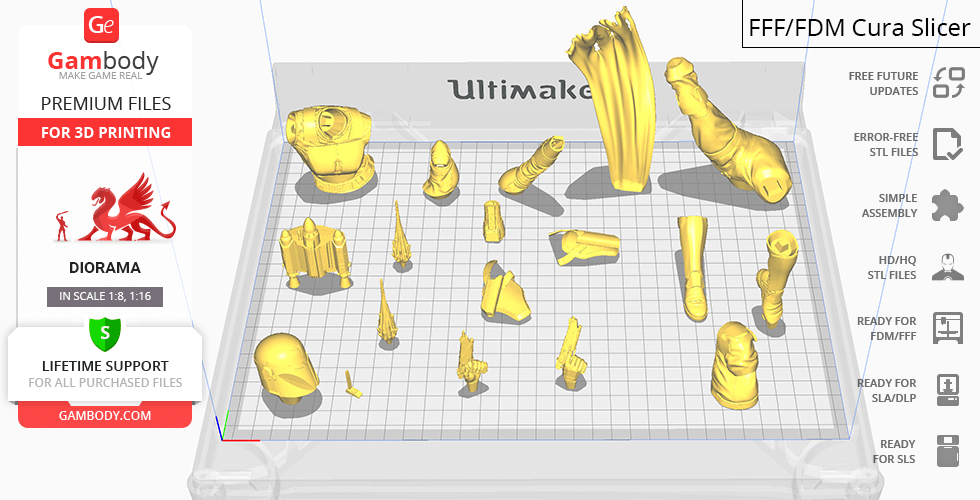 Disassembled 3D model parts of Bo-Katan diorama on a virtual print bed for 3D printing.