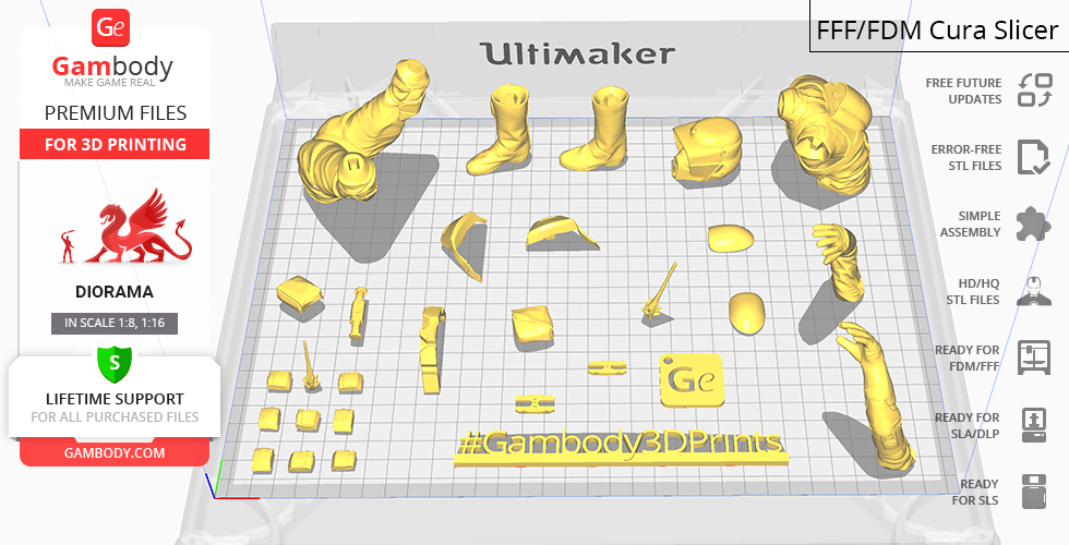 3D printed parts of Bo-Katan diorama on a grid platform for assembly.