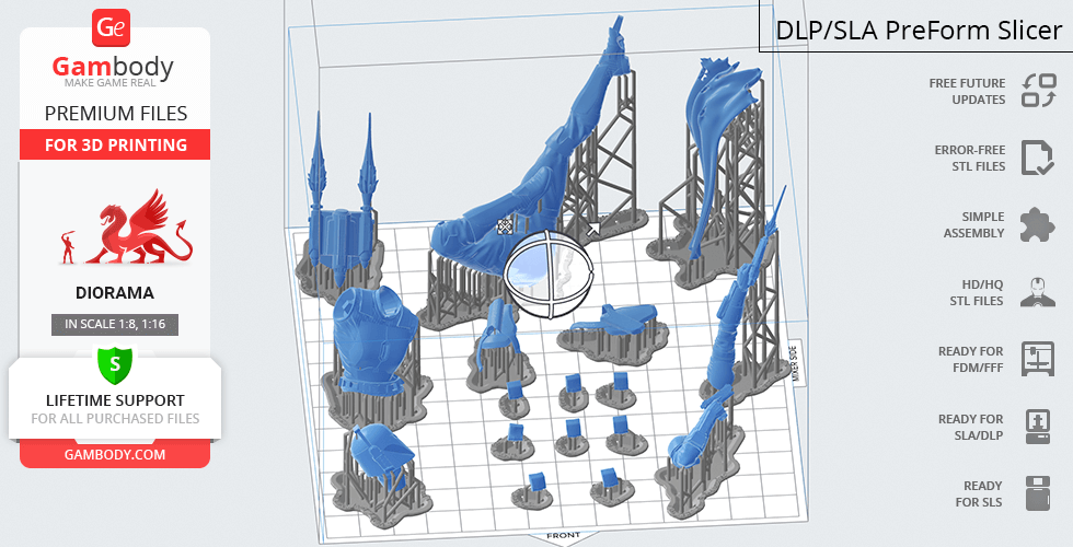 3D model parts for Bo-Katan diorama, arranged on a grid for printing.