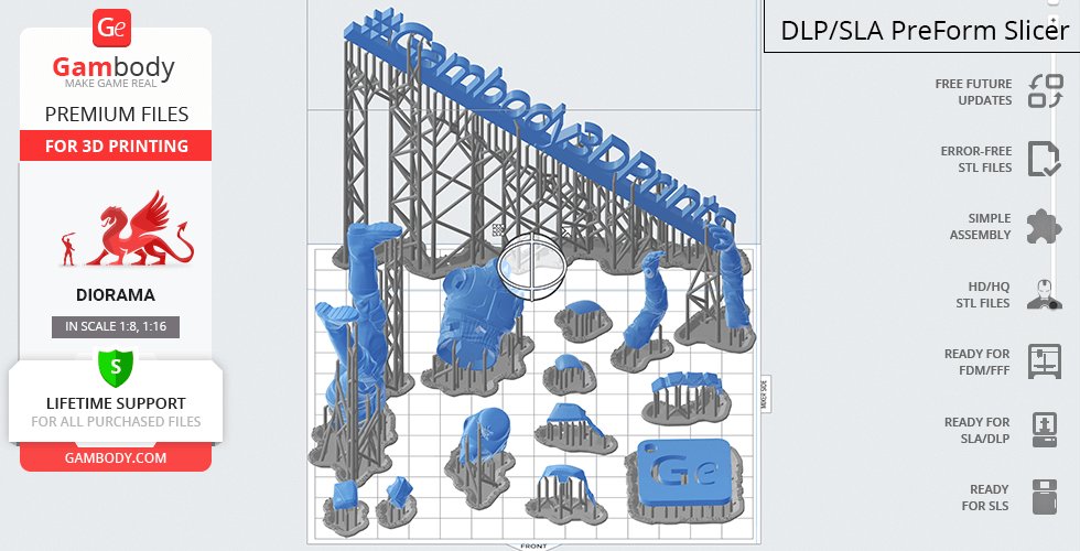 3D print preview of Bo-Katan diorama parts with support structures on a slicer platform.