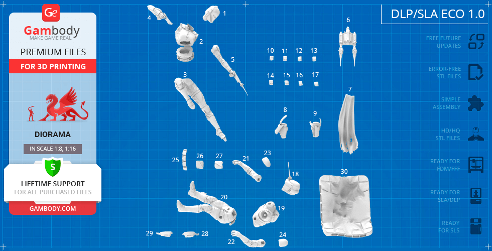 3D printable model parts layout for Bo-Katan diorama from Gambody, including armor and character pieces.