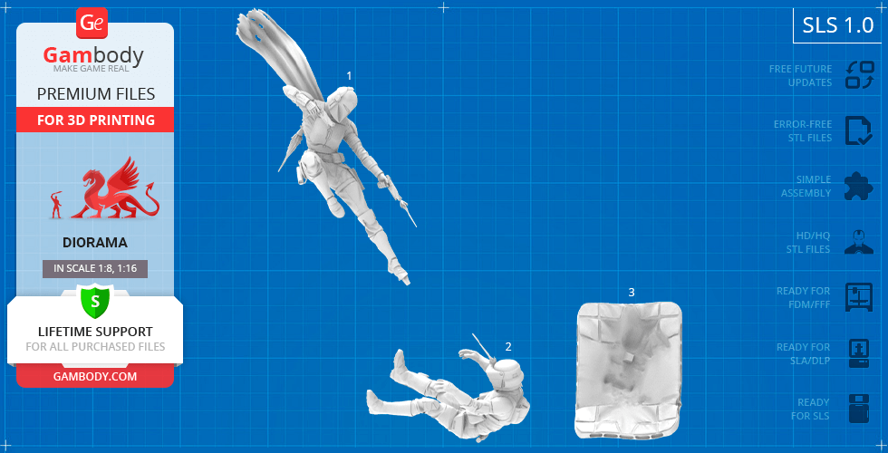 3D model of a dynamic aerial figure with two pieces and a diorama base for 3D printing.