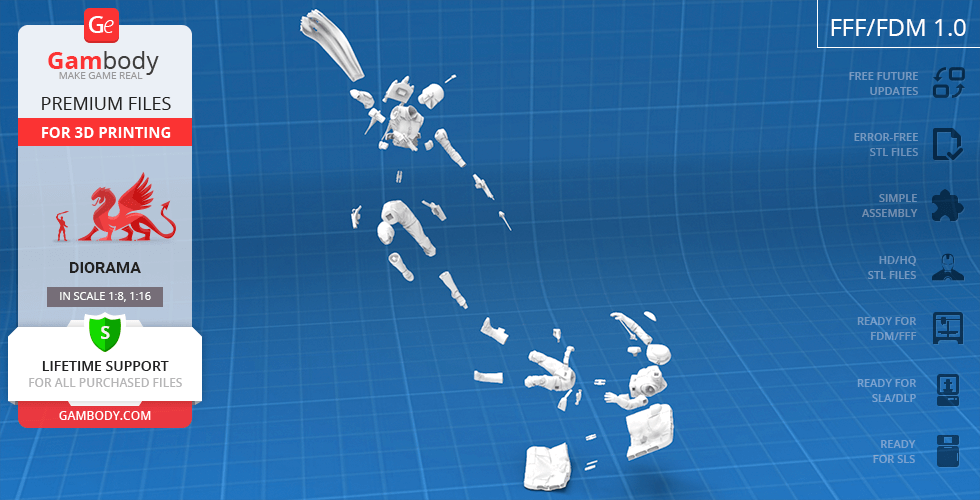 3D printed model parts of a character, disassembled, on a blue grid background.