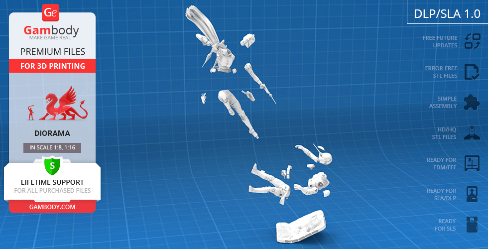 3D printable Bo-Katan diorama pieces displayed on a blue grid background for assembly guidelines.