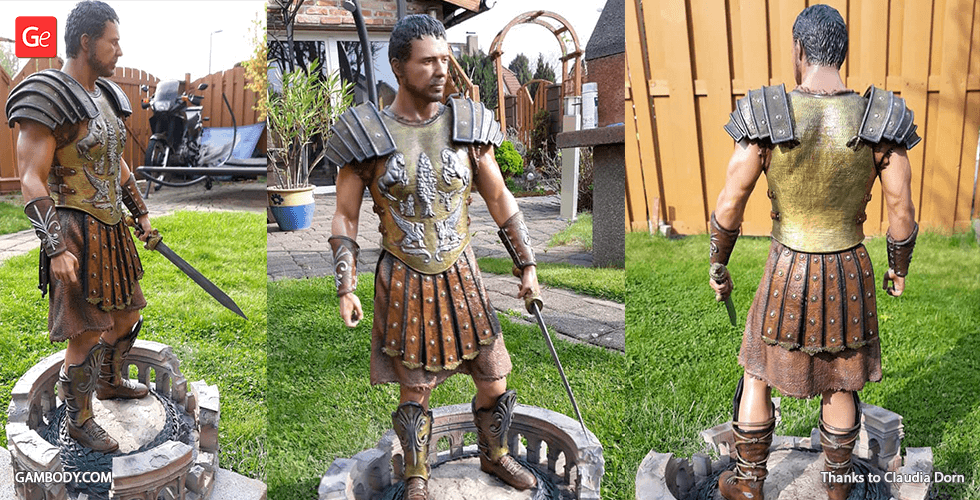 3D print model of a gladiator in armor, standing on a decorative base with a sword in hand.