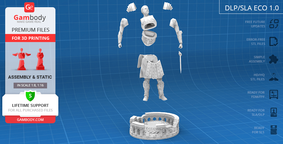 Assembled 3D model parts of a gladiator figure, ready for printing, with an arena base.