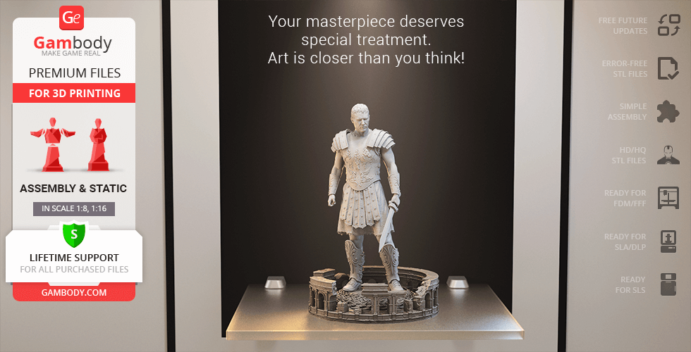 3D model of a gladiator character in armor with a raised sword, displayed on a decorative base.