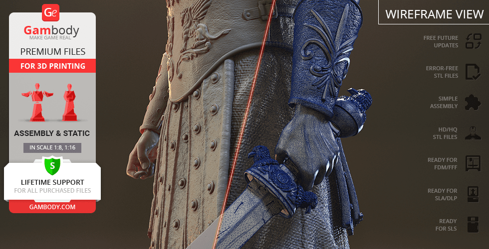 Close-up of a detailed armored gladiator 3D model, showcasing ornate armor and sword.