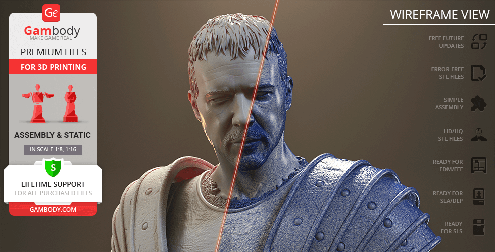 A 3D model of a gladiator with detailed armor, highlighting a wireframe view on the right side.