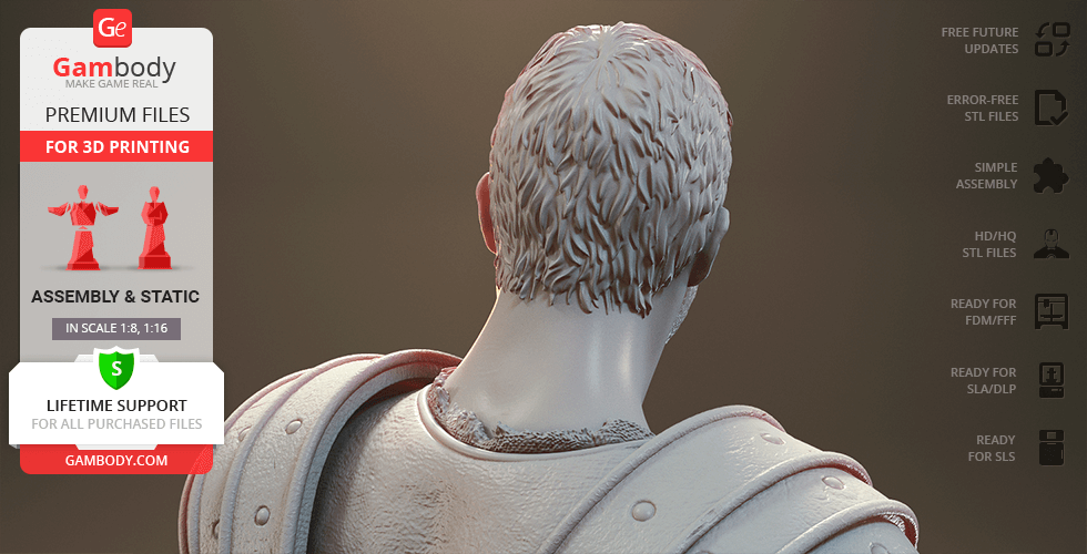 3D model of a gladiator wearing armor, viewed from behind, showing detailed hair and shoulder plates.