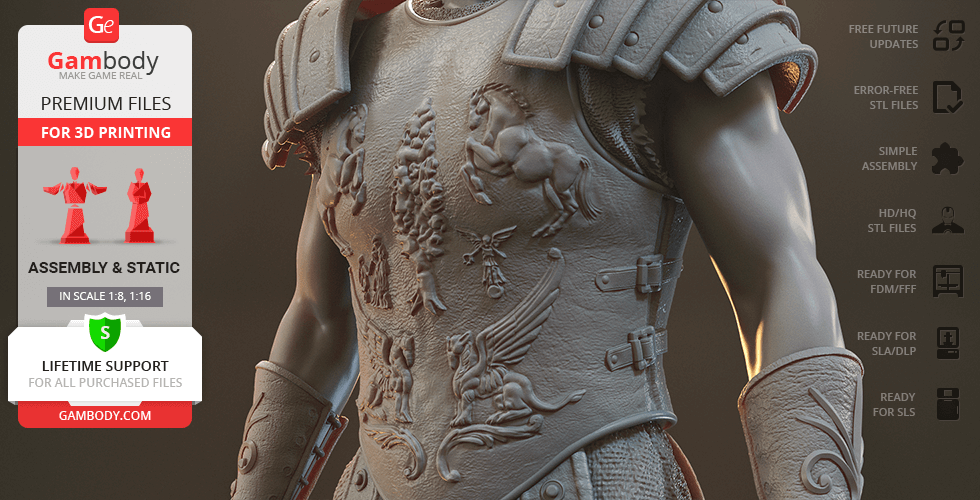 A detailed 3D model of a gladiator in ornate armor, ready for 3D printing.