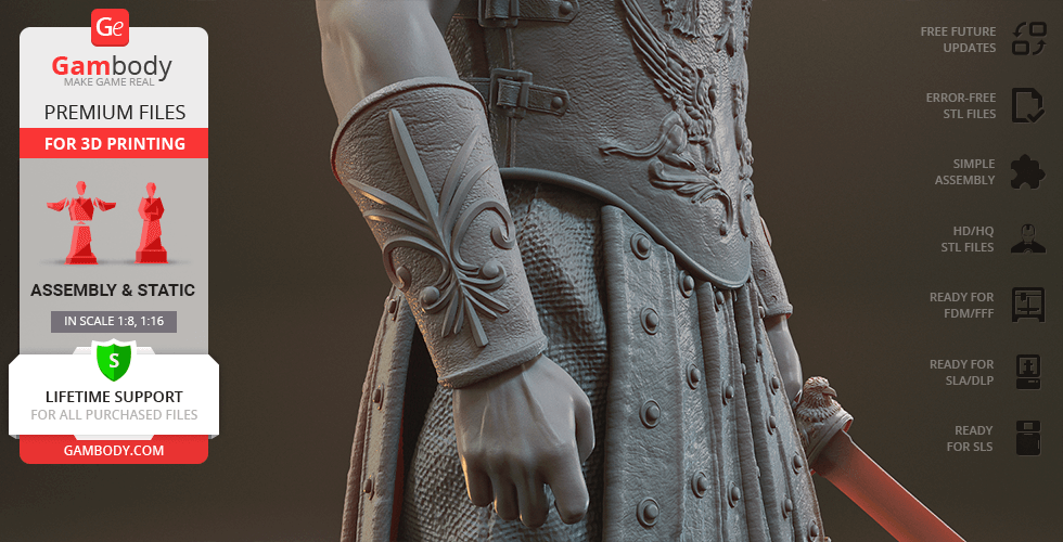 Close-up of a detailed gladiator's armor with an eagle motif and intricate designs on the armguard.