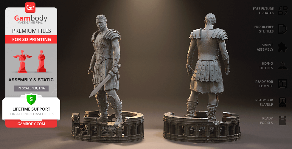 A 3D model of a gladiator holding a sword, standing on a decorative base, viewed from front and back.