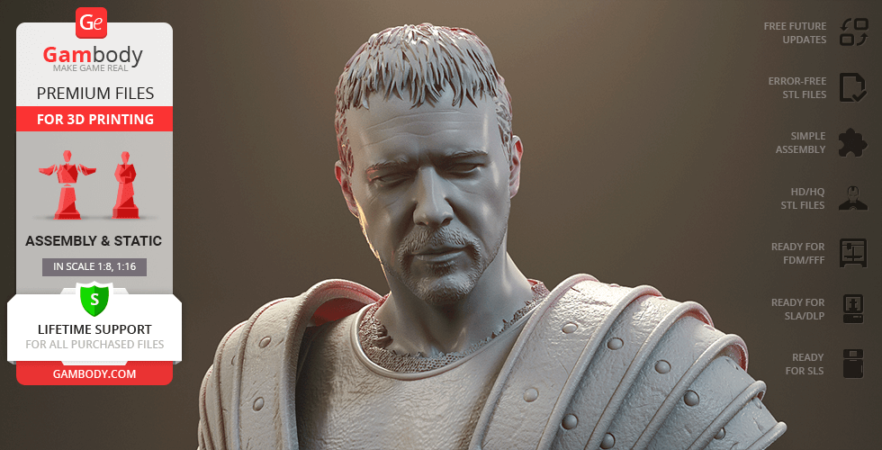 A detailed 3D model of a gladiator with armor, designed for 3D printing by Gambody.