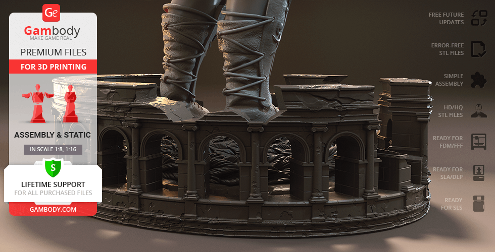 A detailed 3D printable model of a gladiator's legs standing on a Roman-style arena base.